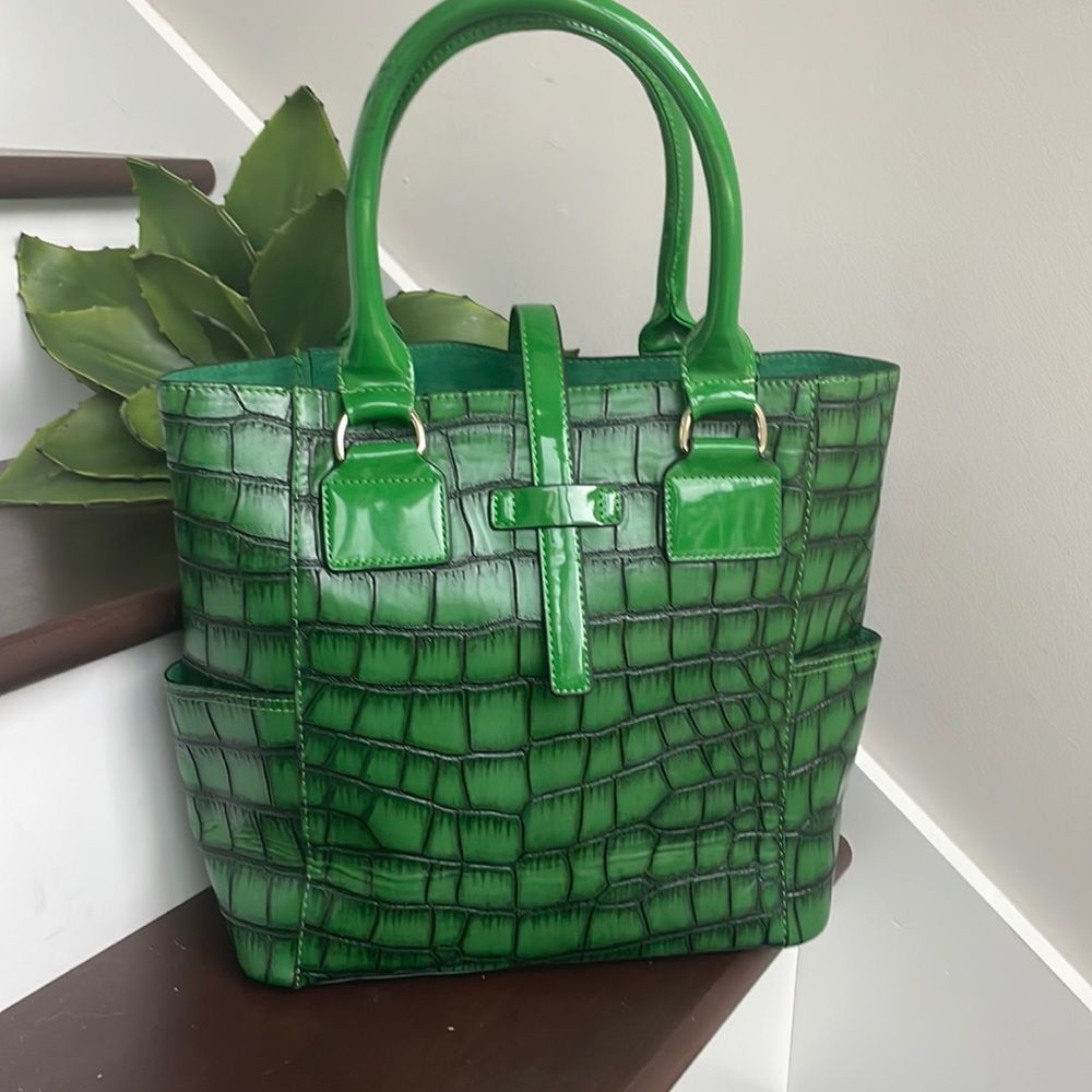 Green Croc-Embossed Patent Tote Bag